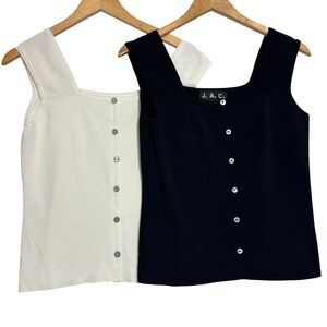 J.A.C. Knit Tank Top Set Black Cream Shell Button Front Square Neck Ribbed Y2K L